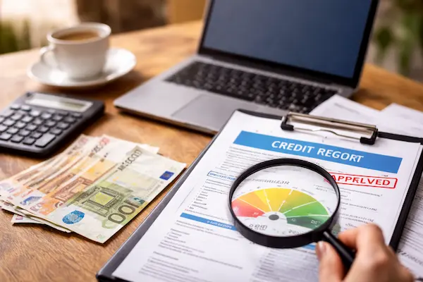 Kontrola úverovej histórie a registra pri žiadosti o pôžičku – dokumenty, lupa a euro bankovky na stole