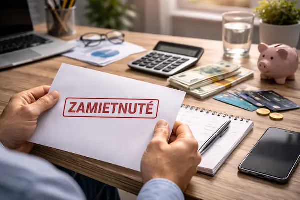 Muž drží list s rozhodnutím o zamietnutí pôžičky pri stole s finančnými dokumentmi a kalkulačkou