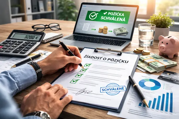 Muž pri stole s kalkulačkou, bankovkami a kartami premýšľa nad finančnou situáciou pred podaním žiadosti o pôžičku