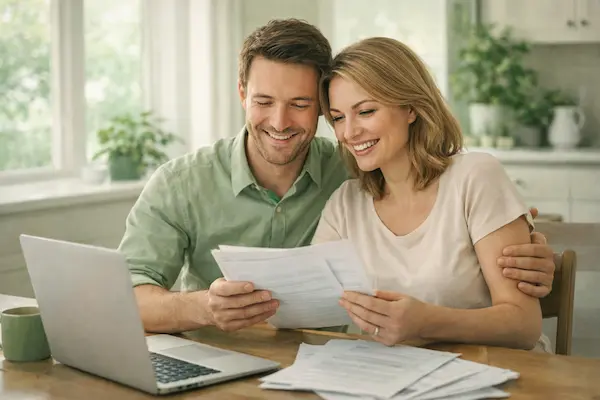 Reštart hypotéky – spokojný pár po úspešnom znížení mesačnej splátky