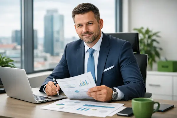 Konateľ s.r.o. prechádza finančné dokumenty v kancelárii – nebankový úver pre s.r.o.