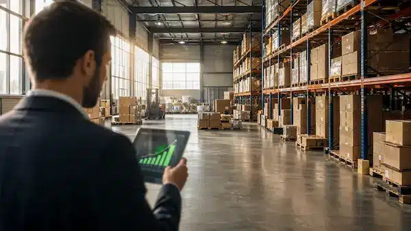 Moderný osvetlený sklad s naskladneným tovarom v regáloch a podnikateľom sledujúcim rastúci graf na tablete.