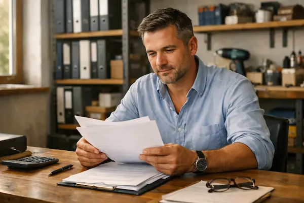 Podnikateľ skúma dokumenty k nebankovému úveru pri pracovnom stole vo svojej prevádzke