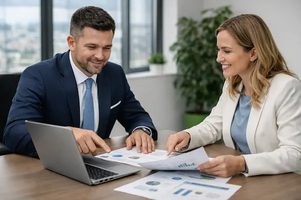 Poradca vysvetľuje podmienky nebankového úveru konateľovi firmy na osobnom stretnutí