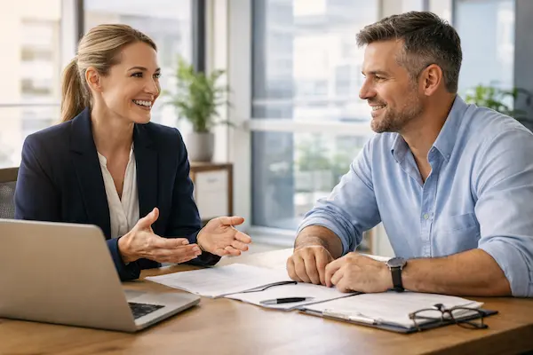 Poradca vysvetľuje podmienky nebankového úveru podnikateľovi na osobnej konzultácii