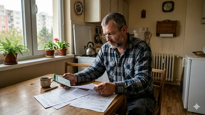 Človek pri kuchynskom stole prezerá dokumenty a smartfón – pôžička s nízkym príjmom