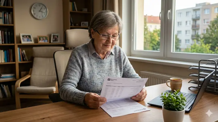 Dôchodkyňa kontroluje výpis z bankového účtu ako doklad príjmu pre mini pôžičku