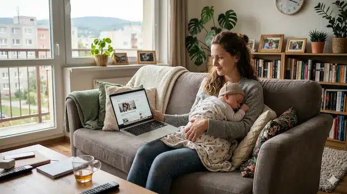 Mamička na materskej sedí doma na gauči s bábätkom v náručí a pozerá na laptop