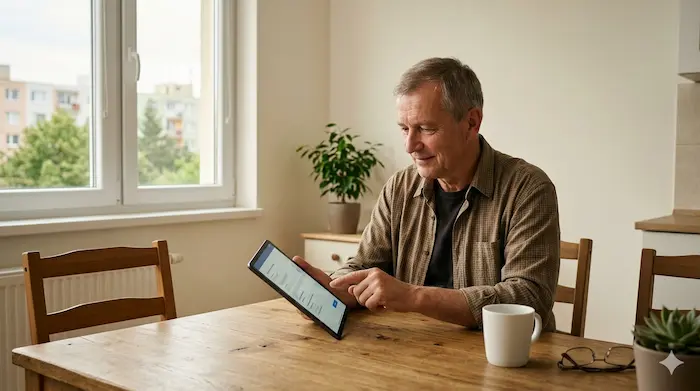Starší muž si vybavuje pôžičku pre dôchodcov online na tablete doma