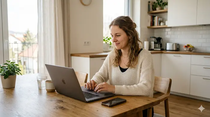 Žena vypĺňa online žiadosť o pôžičku 200 eur na laptope doma