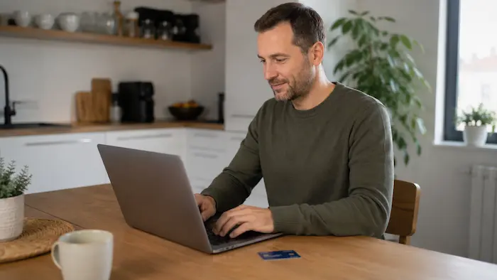 Muž vybavuje pôžičku 400 eur online cez notebook doma