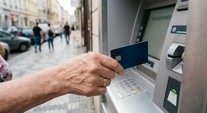 Dôchodca vyberá hotovosť z bankomatu platobnou kartou