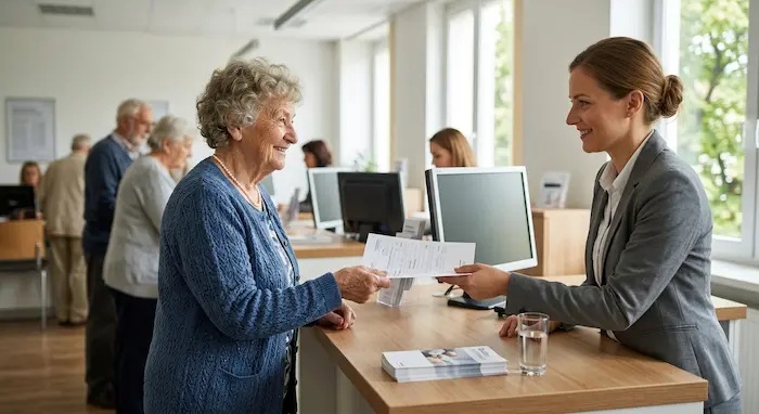 Seniorka podáva v banke tlačivo o poukazovaní dôchodku na účet