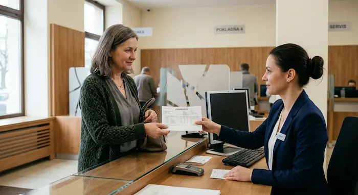 Žena oznamuje v banke, že jej na účet chodí mzda