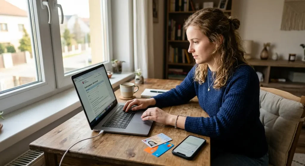 Žena podáva online žiadosť o prenos účtu do inej banky