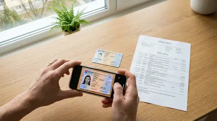 Ruky fotia mobilom celý občiansky preukaz a výpis z účtu na svetlom stole pri dennom svetle